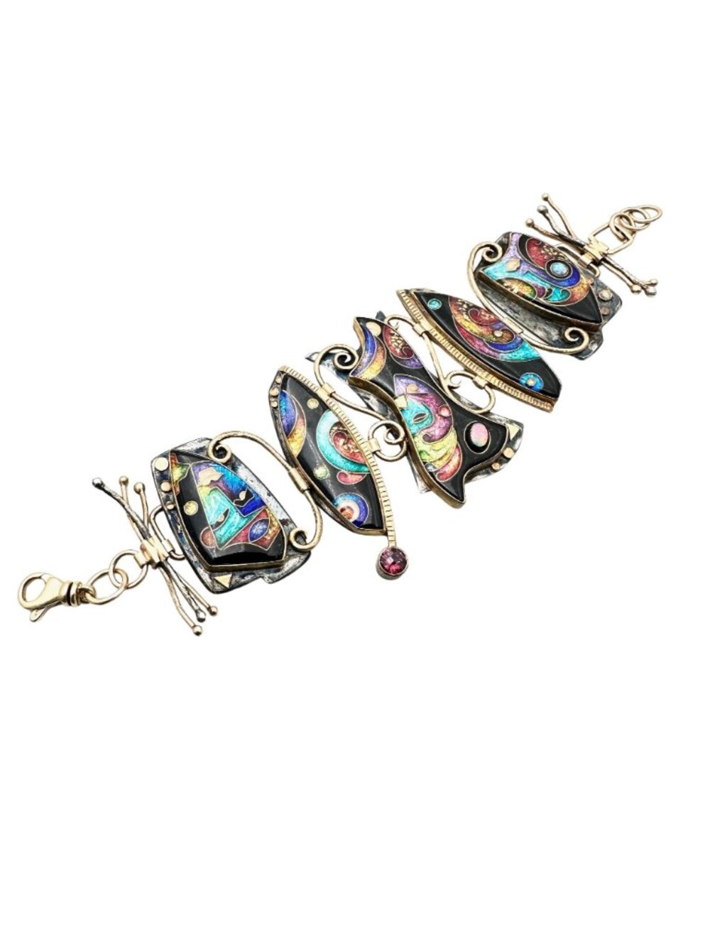 RARE Unsigned Alexa Peter Smarsh Sterling 14k 22k Gold Cloisonne Opal Bracelet - Picture 3 of 4